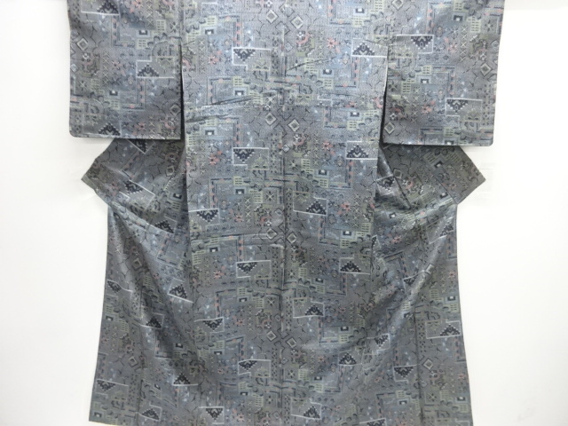 JAPANESE KIMONO / SILK / TOKAMACHI TSUMUGI / WOVEN GEOMETRIC PATTERN & FLOWERS